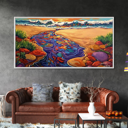 Ocean Stream, Sunset, Framed Canvas Print, Vibrant Beach Painting, Surf Wall Art, Coastal Decor, Sunset Seascape, Colorful Nature Art