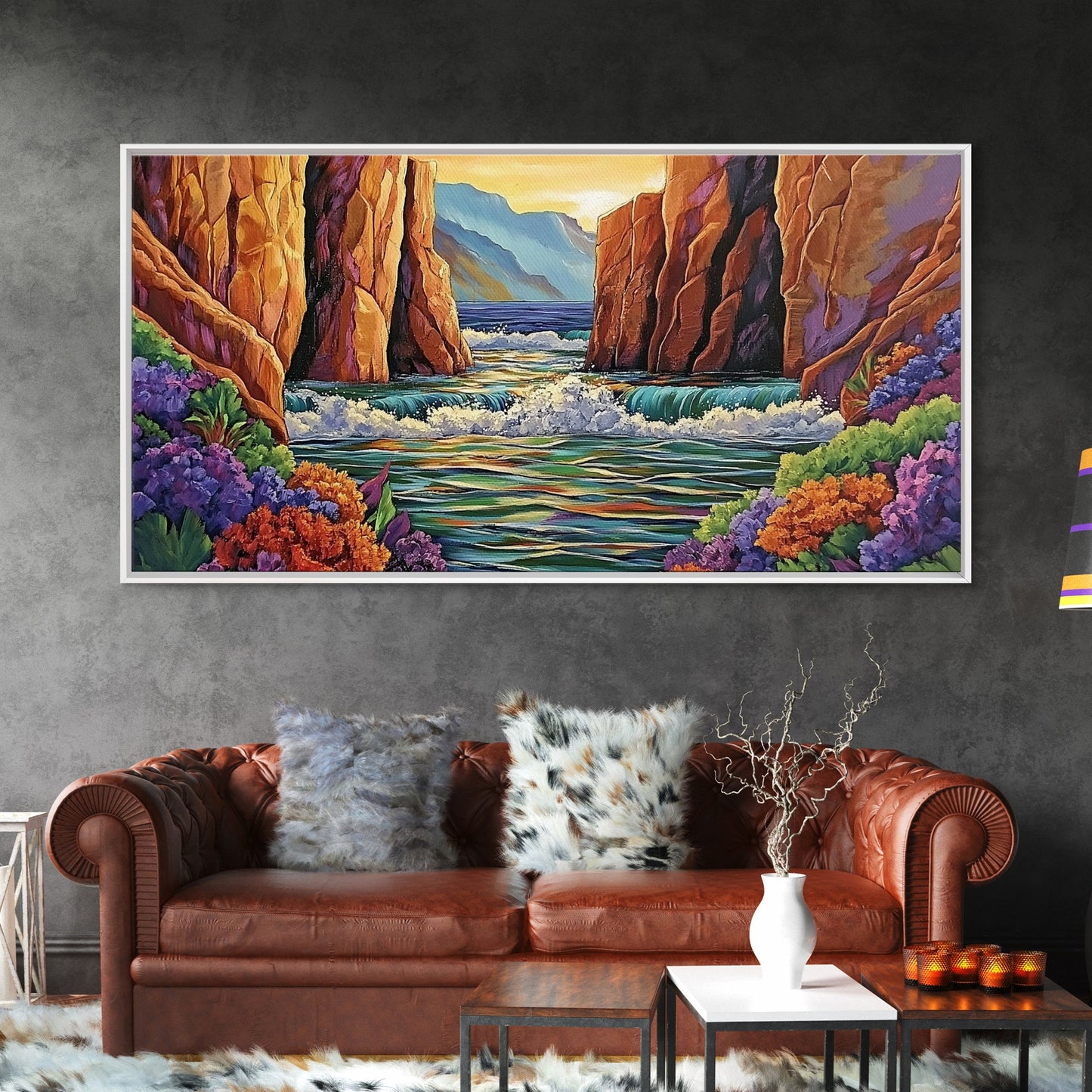 Canyon Cliffs, Ocean View, Sunset Water, Framed Canvas Print, Vibrant Landscape Wall Art, Office or Entryway Nature Decor