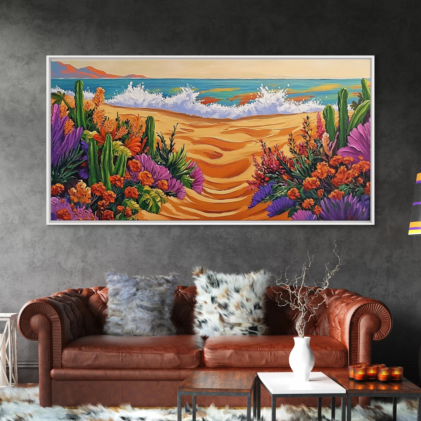 Beach Floral, Sunset, Cactus, Vibrant Desert Coastal Pathway Canvas Print, Entryway Wall Art, Boho Style Art, Tropical Beach Wall Decor