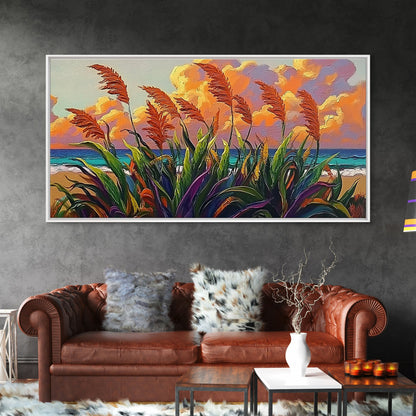 Coastal Sunset, Grasses, Canvas Print, Autumn Beach Landscape Art, Boho Living Room Wall Decor, Colorful Nature Painting