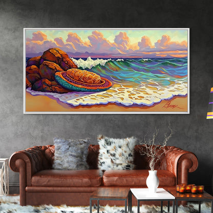 Conchas Beach, Sunset, Waves, Canvas Print, Mexican sweet bread art, kitchen wall decor, colorful bakery art, beach wall painting
