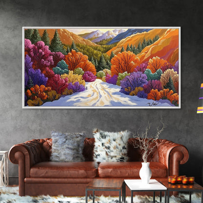 Autumn Forest, Snow, Trail, Canvas Print, Fall landscape painting, cabin wall decor, cozy mountain art, vibrant rustic hallway print