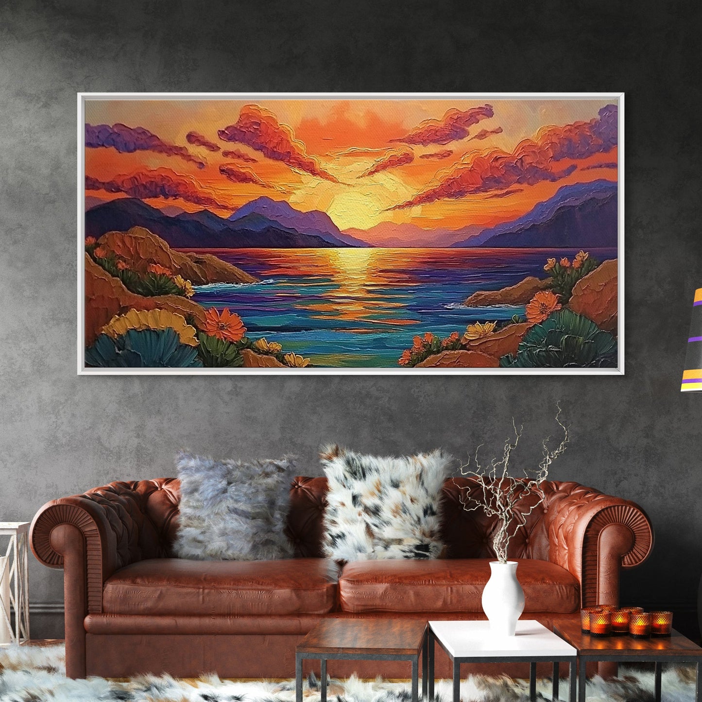 Sunset Coastal, Landscape, Vibrant Colors, Framed Canvas Print, Boho Beach Art, Living Room Wall Decor, Nature Painting, Summer Vibes