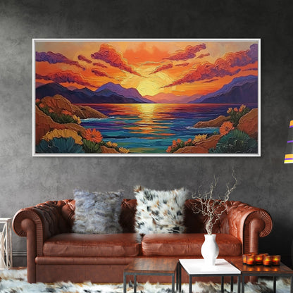 Sunset Coastal, Landscape, Vibrant Colors, Framed Canvas Print, Boho Beach Art, Living Room Wall Decor, Nature Painting, Summer Vibes
