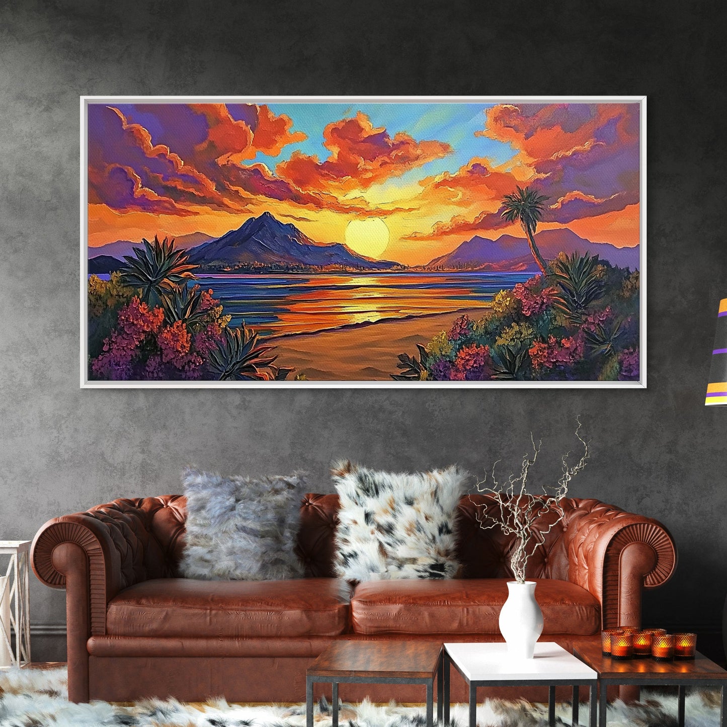 Mountains Tropical, Sunset, Palm Trees, Framed Canvas Print, Bold Landscape Art, Living Room Wall Decor, Sunset View, Boho Decor