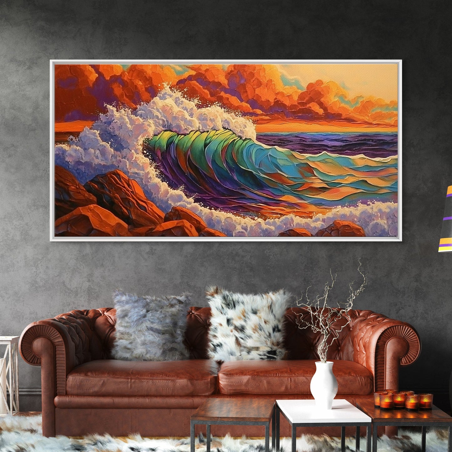 Ocean Wave, Sunset, Crashing Surf, Framed Canvas Print, Colorful Coastal Art, Living Room Wall Decor, Seaside Painting, Bold Landscape