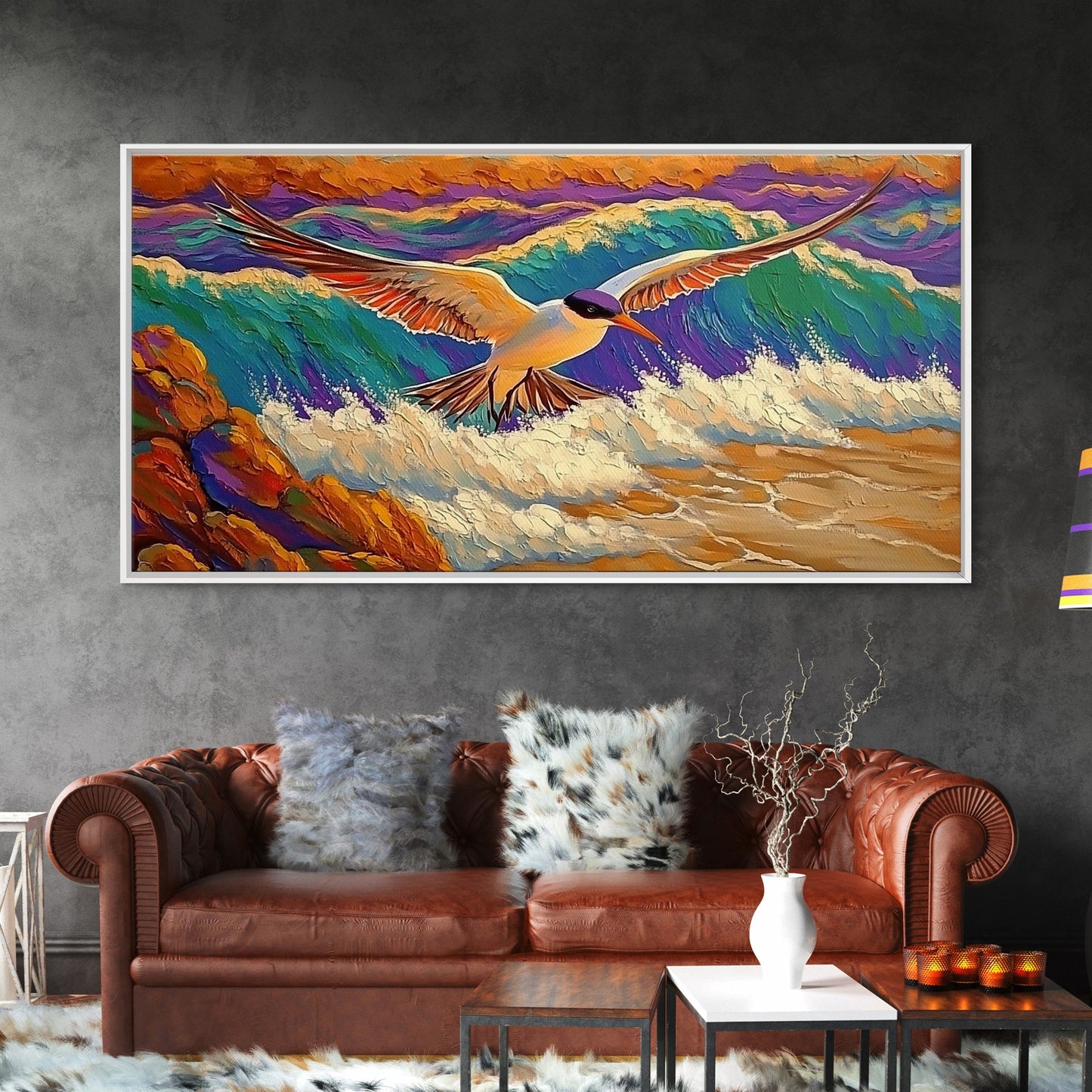 Seagull, Beach, Ocean Waves, Vibrant Sky, Framed Canvas Print, Coastal Wildlife Art, Living Room Wall Decor, Bird Painting, Boho Nature