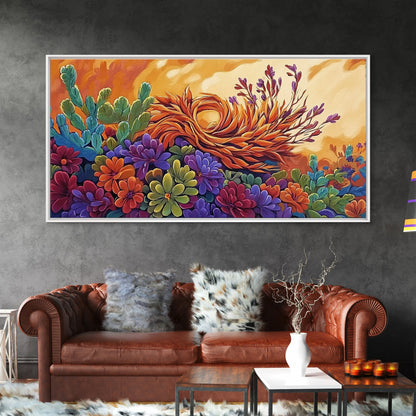 Succulent, Desert, Bloom, Sunset, Framed Canvas Print, Cactus boho art, colorful desert wall decor, Southwestern kitchen wall art
