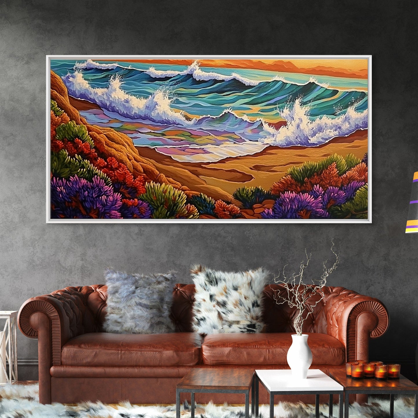 Wave Shoreline, Sunset Painting, Framed Canvas Print, vibrant crashing ocean waves, colorful rocks, Coastal Wall Art, tropical art