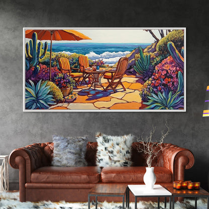 Patio, Ocean, Dining, Framed Canvas Print, Colorful seaside patio with umbrella and table scene, Summer vibes, Dining Room Wall Art