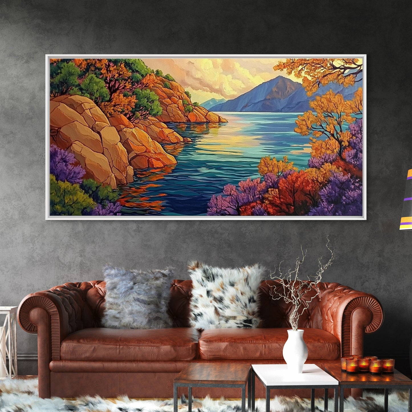Mountain Lake, Trees, Reflection, Canvas Print with vivid autumn landscape painting, living room wall art, boho nature decor