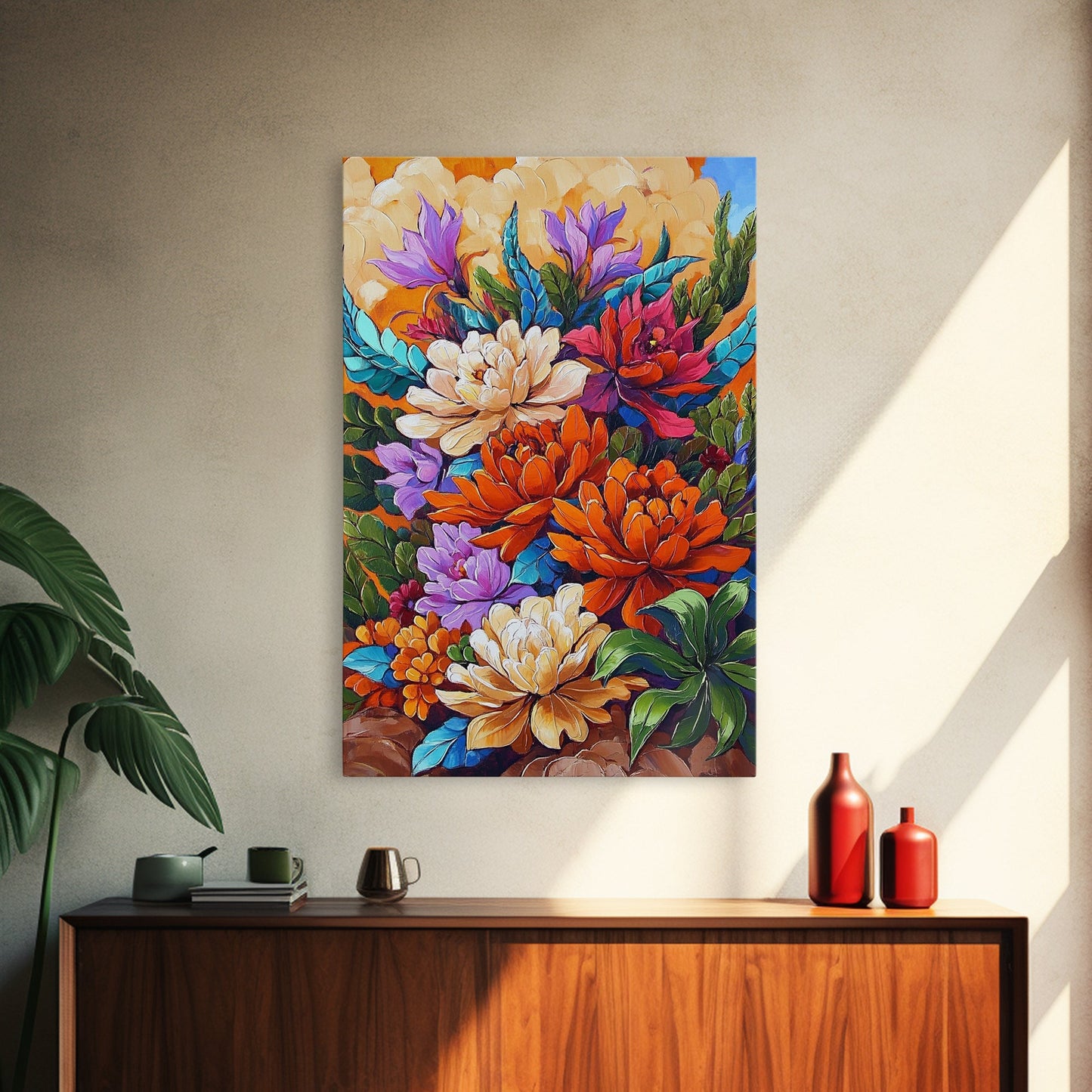Floral Boho, Bright, Fall, Canvas Print vibrant flower bouquet wall art, fall floral wall decor, dining room print, bohemian art gift