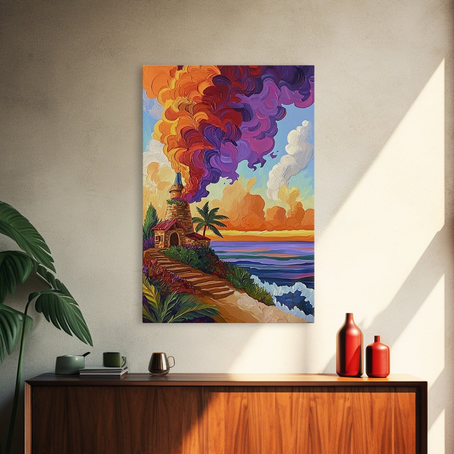 Lighthouse Sunset, Tropical, Path, Canvas Print, Colorful coastal home décor, beach house art, tropical living room wall painting