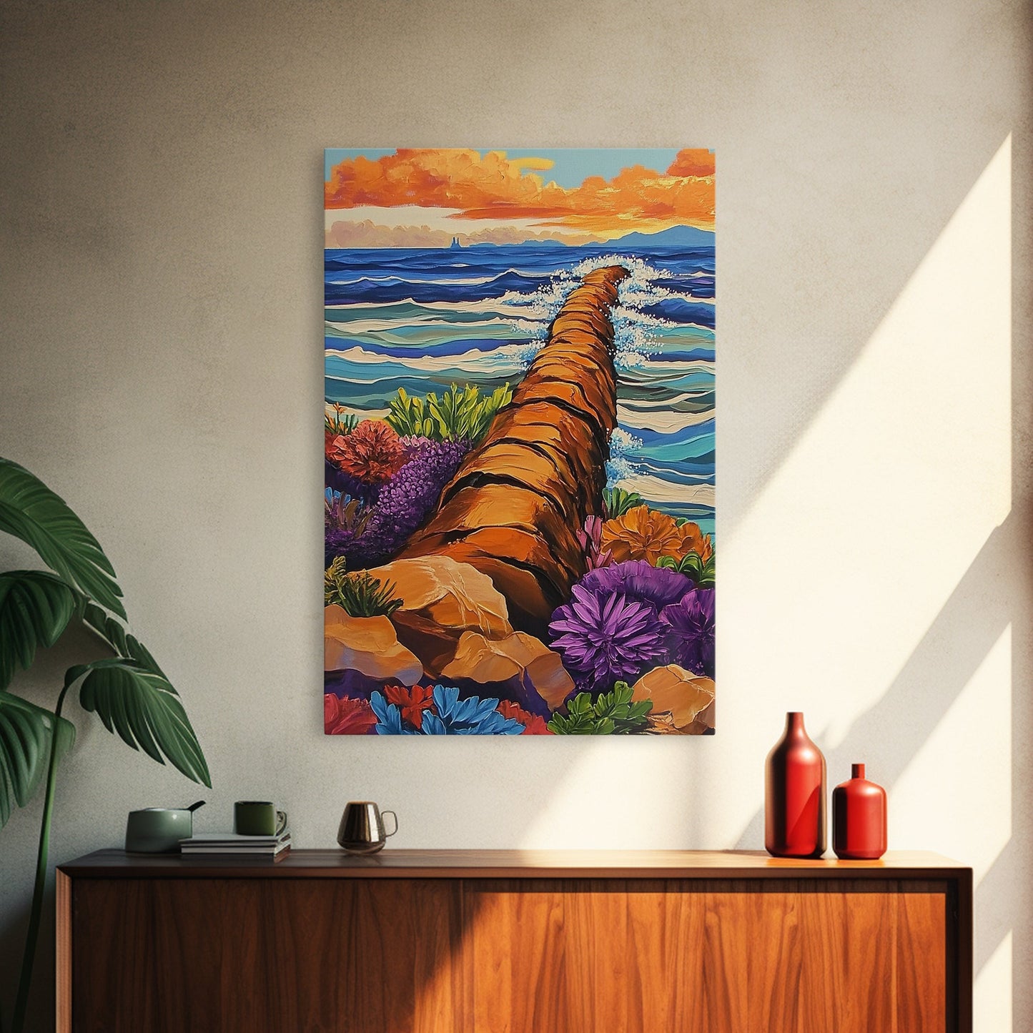 Ocean Path, Wildflowers, Shoreline, Framed Canvas Print coastal path wall art, ocean wildflower painting, beach garden style, hallway decor