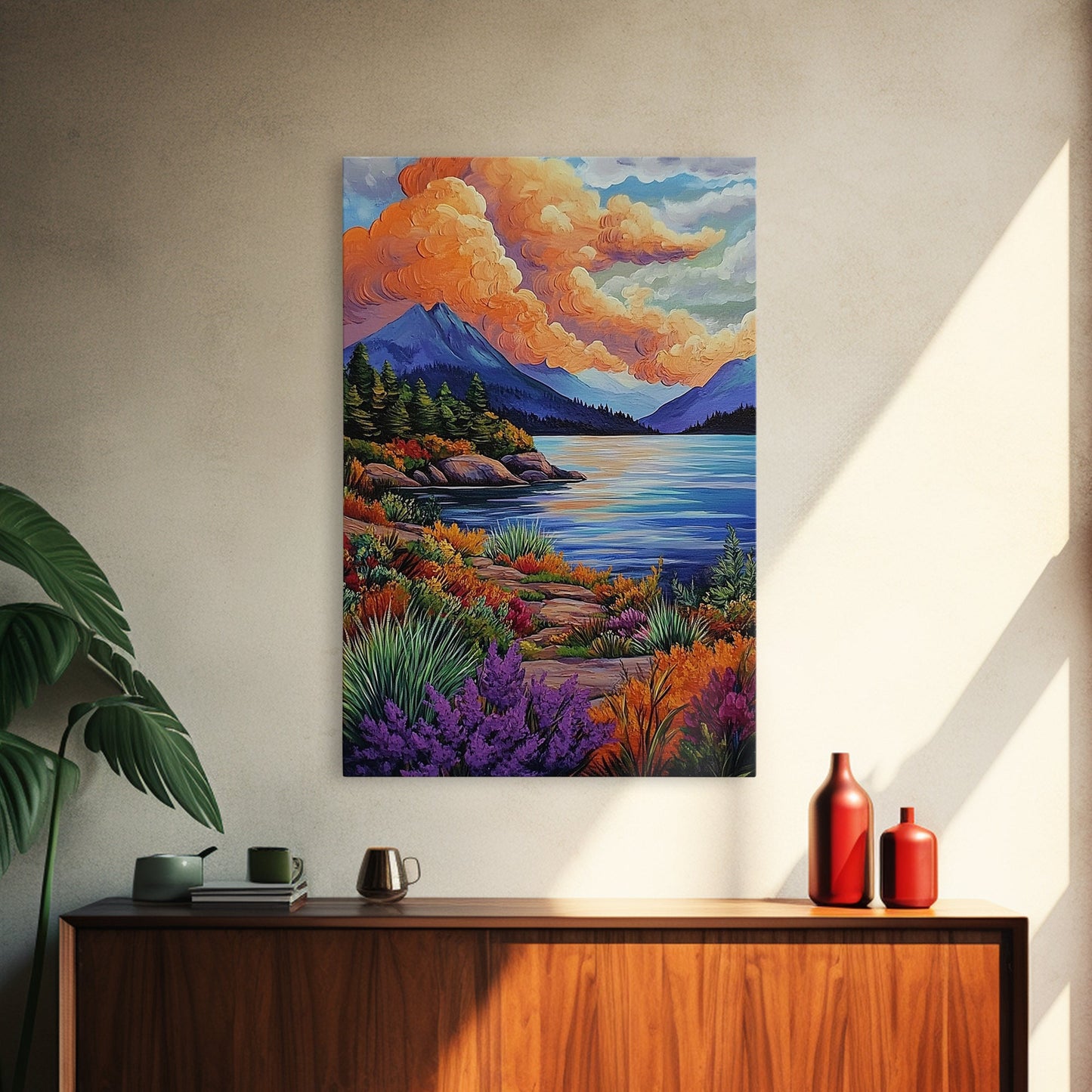 Lake Mountains, Sunset, Autumn, Framed Canvas Print serene mountain lake sunset wall art, vibrant Autumn landscape canvas, cozy cabin decor