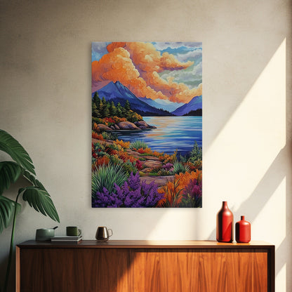 Lake Mountains, Sunset, Autumn, Framed Canvas Print serene mountain lake sunset wall art, vibrant Autumn landscape canvas, cozy cabin decor