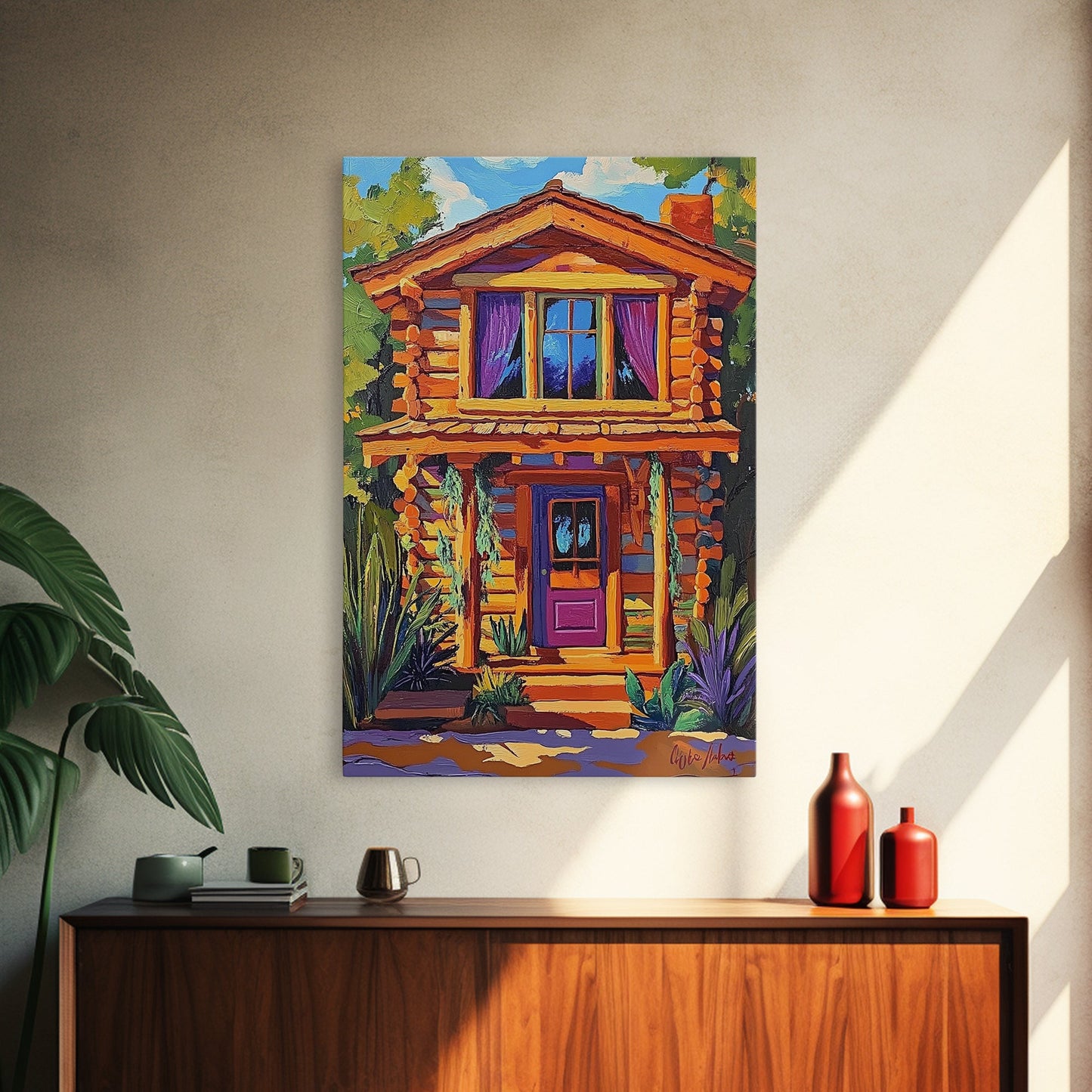 Cabin Cozy, Rustic, Nature, Framed Canvas Print log cabin wall art, autumn home decor, rustic living room print, woodland boho wall decor