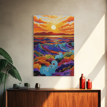 Sunset Ocean, Waves, Framed Canvas Print, Vibrant Abstract Seascape Wall Art, Colorful Ocean Decor, Living Room Statement Art