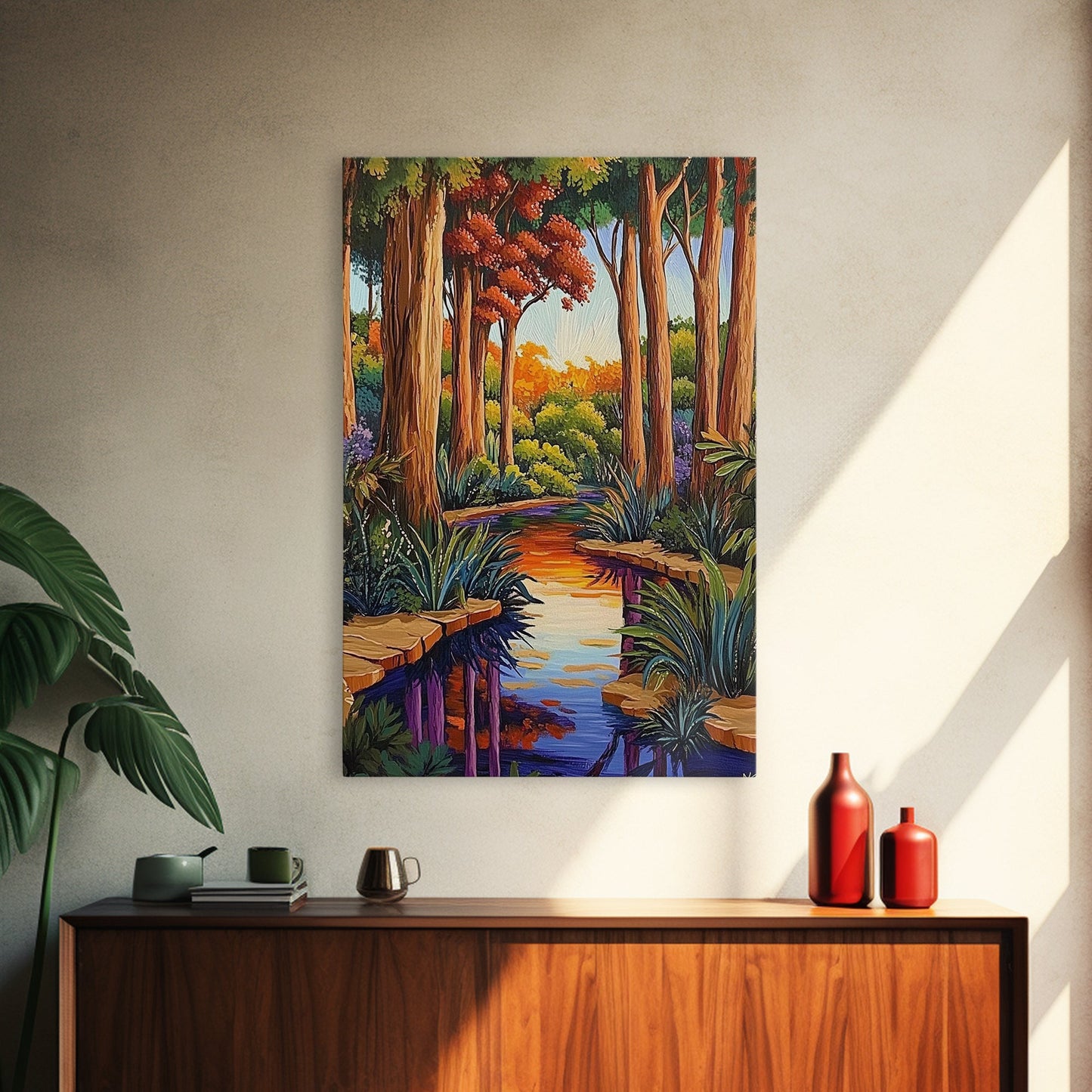 Forest Creek, Autumn, Framed Canvas Print, Tranquil Fall Landscape Wall Art, Vibrant Nature Decor, Woodland Boho Style, Bedroom Wall Art