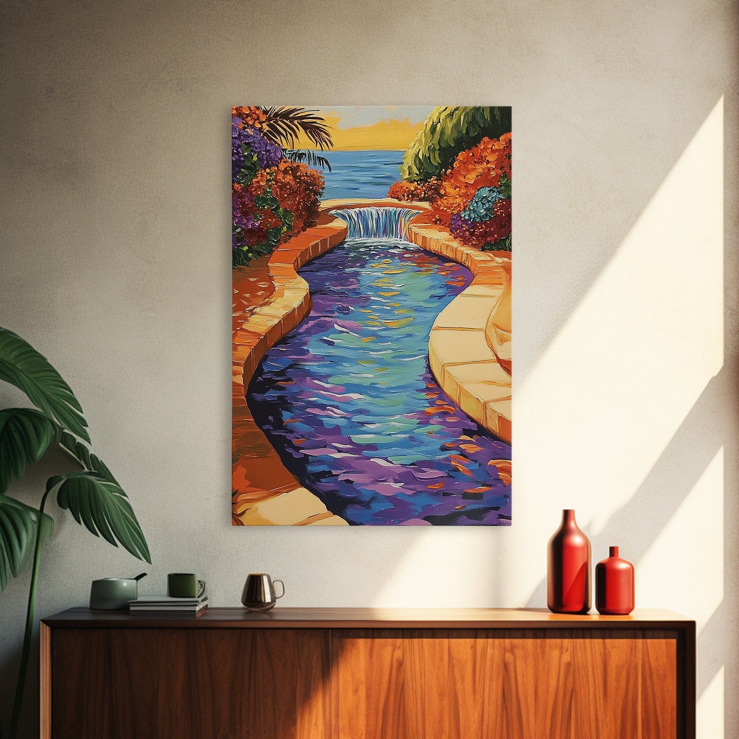 Pool Garden, Oasis, Sunset, Framed Canvas Print vibrant patio wall art, tropical courtyard landscape, kitchen art, sunroom boho decor