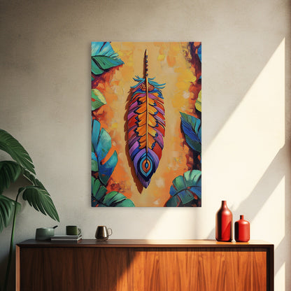 Bold Feather, Boho, Tropical, Colorful Framed Canvas Print, Eclectic Bedroom Wall Art, Boho Style Decor, Vibrant Southwest Wall Hanging