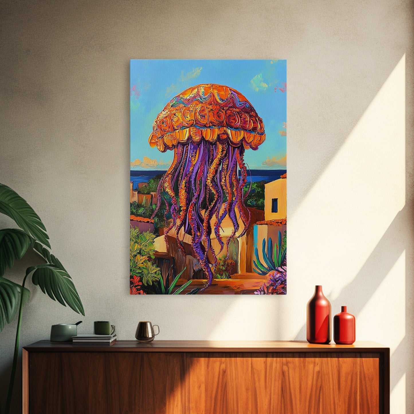 Jellyfish Surreal, Ocean, Dreamy Framed Canvas Print, Coastal Living Room Wall Art, Fantasy Sea Creature Art, Bright Tropical Decor