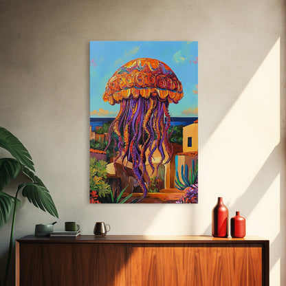 Jellyfish Surreal, Ocean, Dreamy Framed Canvas Print, Coastal Living Room Wall Art, Fantasy Sea Creature Art, Bright Tropical Decor