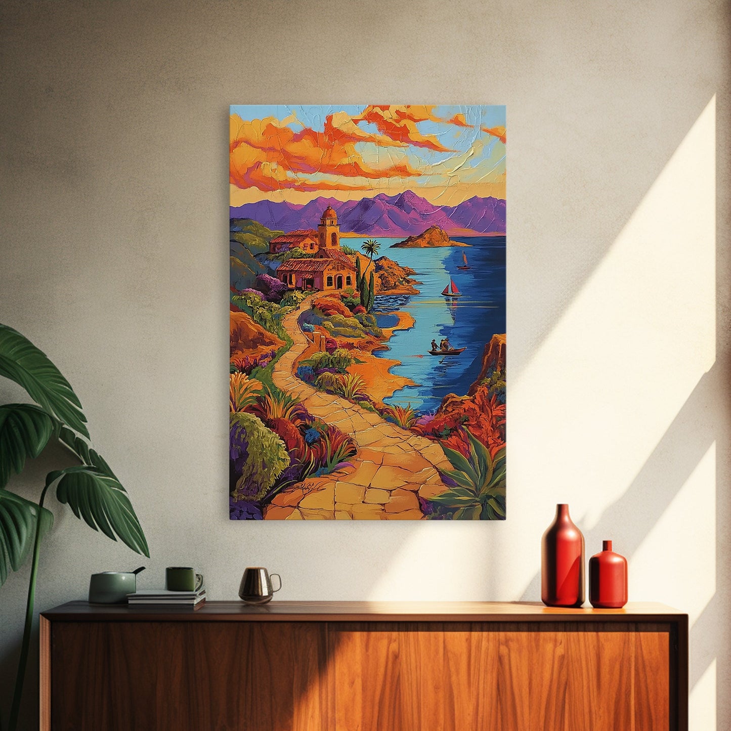 Coastal Village, Pathway, Sunset, Framed Canvas Print, Mediterranean coastal art, colorful landscape painting, boho living room wall decor