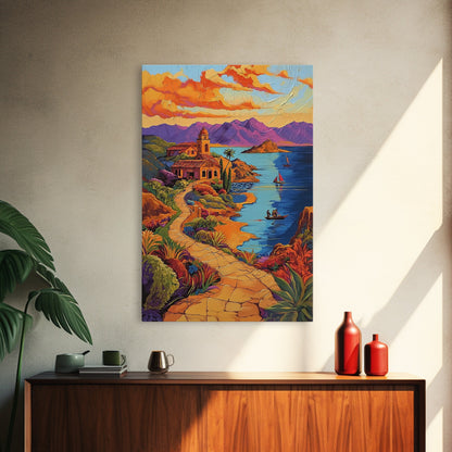 Coastal Village, Pathway, Sunset, Framed Canvas Print, Mediterranean coastal art, colorful landscape painting, boho living room wall decor