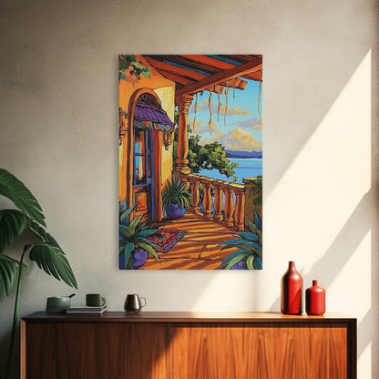 Porch Lake, Peaceful, View, Framed Canvas Print, relaxing patio art, summer lake view, rustic porch decor, Mediterranean vibes painting