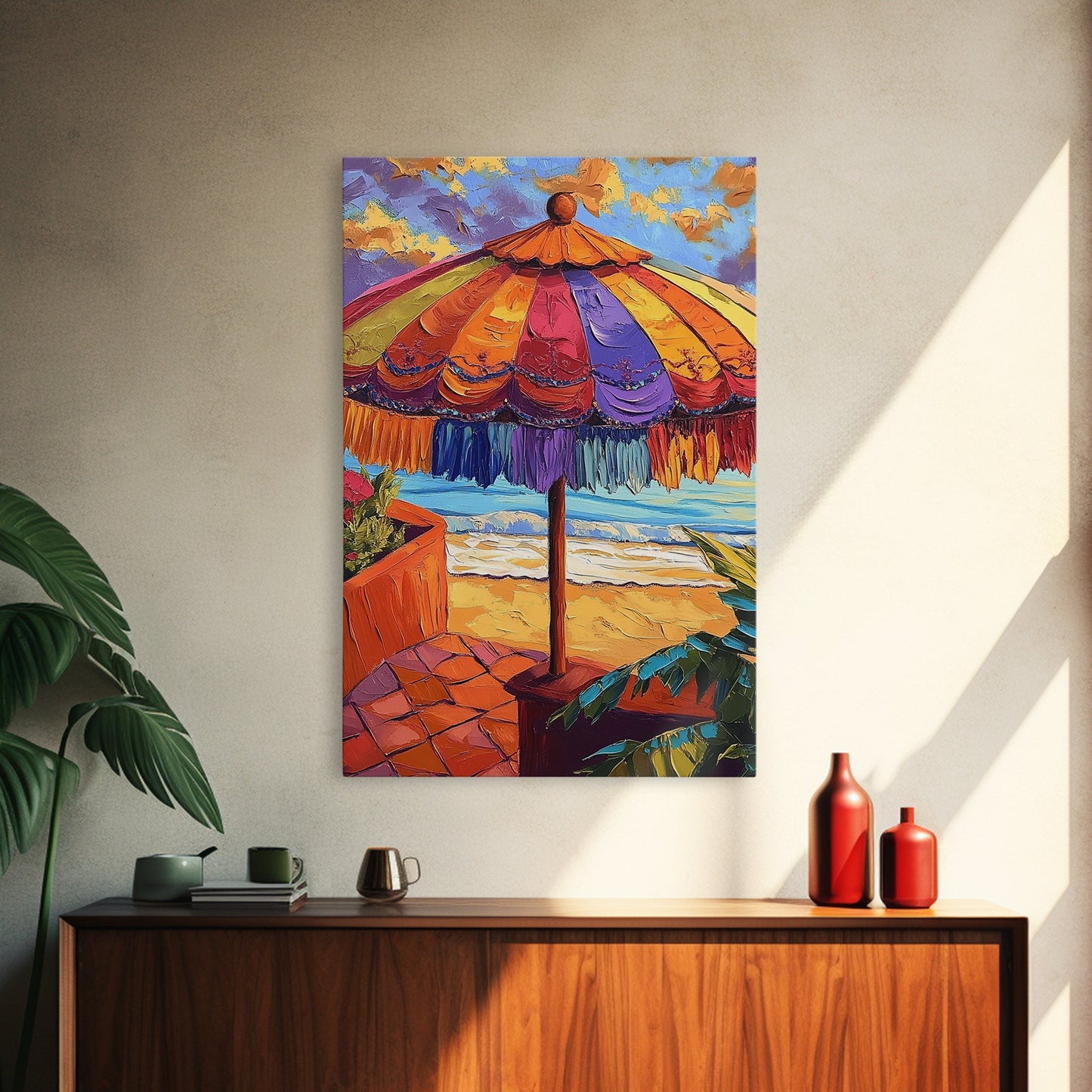 Beach Umbrella, Sunset, Framed Canvas Print, Tropical boho art, patio decor, summer beach vibe, colorful wall art, sunroom accent piece