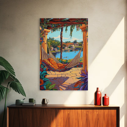 Hammock Patio, Relax, Lake, Framed Canvas Print, bohemian outdoor decor, tropical vacation art, summer patio vibe, living room wall art