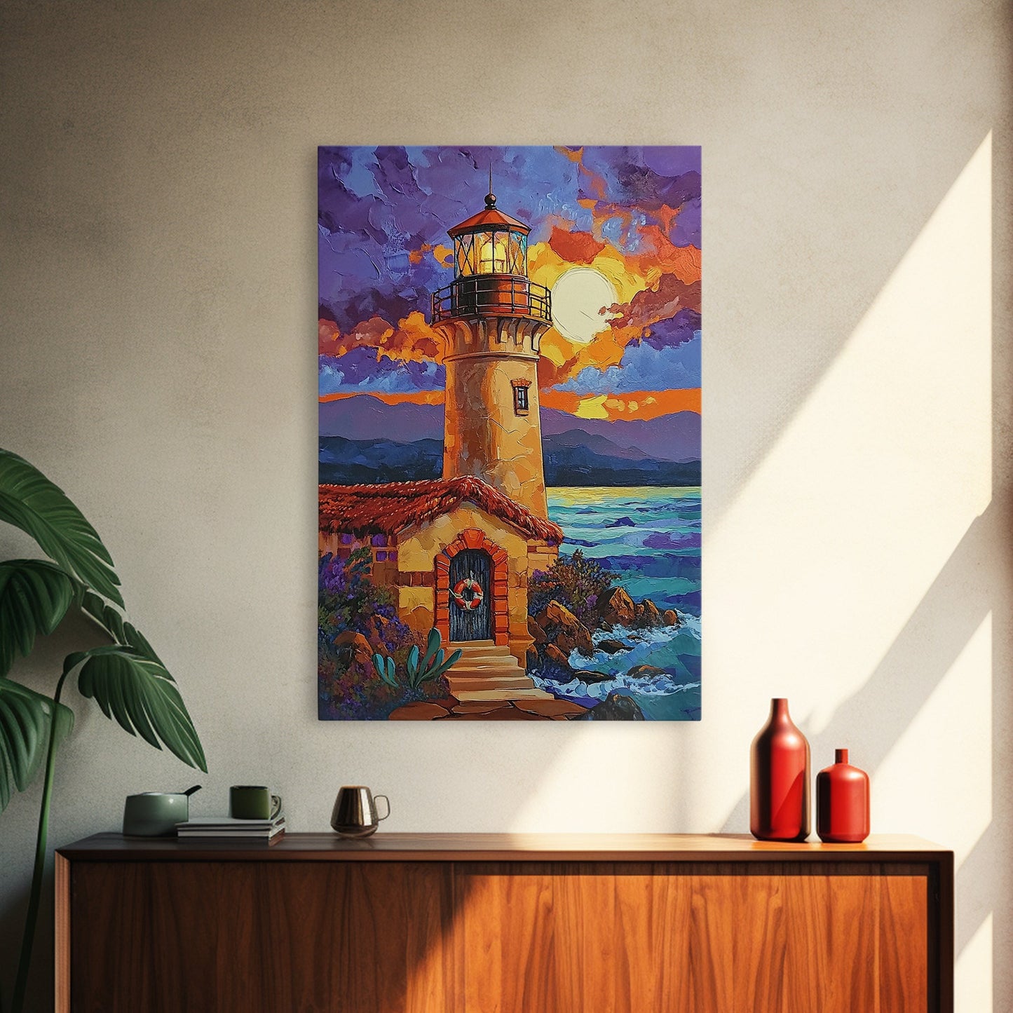 Moonlit Lighthouse, Rustic, Shore, Framed Canvas Print, Coastal Lighthouse Canvas, Dramatic Moon Ocean Scene, Rustic Nautical Wall Art