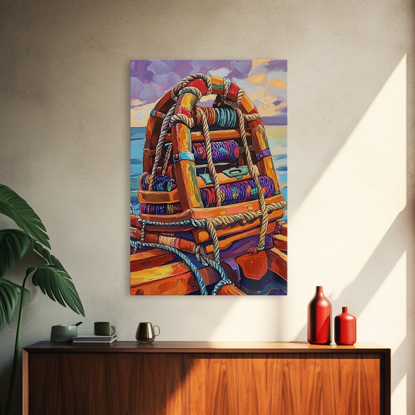 Rope Dock Sunset, Nautical, Framed Canvas Print, Nautical Rope Dockside Art, Sunset Painting, Coastal Seaside Wall Decor, Living Room Decor