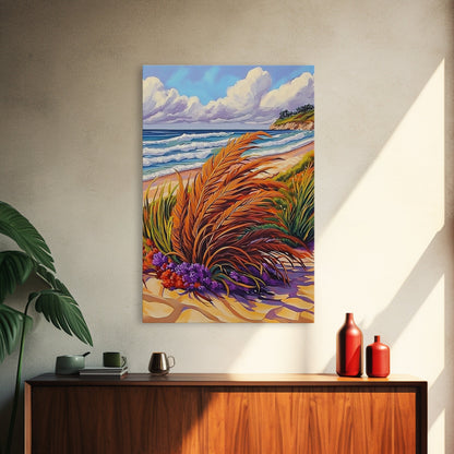Ocean Dune, Grass, Coastal Beach Landscape Wall Decor, Nature Lover Gift, Living Room Wall Art, Boho Style Framed Canvas Print