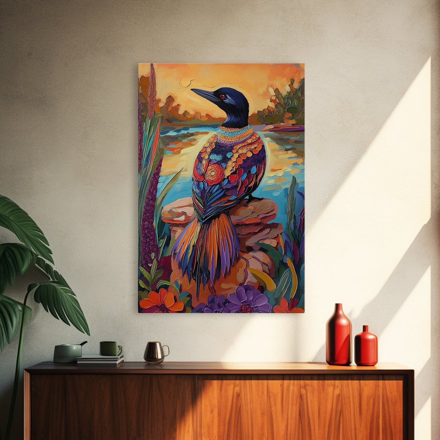 Jewel Loon, Sunset, Vibrant Bird Wall Art, Nature Wildlife Decor, Eclectic Home Accent, Living Room Boho Framed Canvas Print