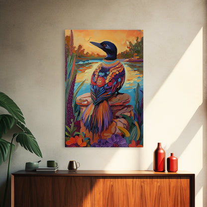 Jewel Loon, Sunset, Vibrant Bird Wall Art, Nature Wildlife Decor, Eclectic Home Accent, Living Room Boho Framed Canvas Print