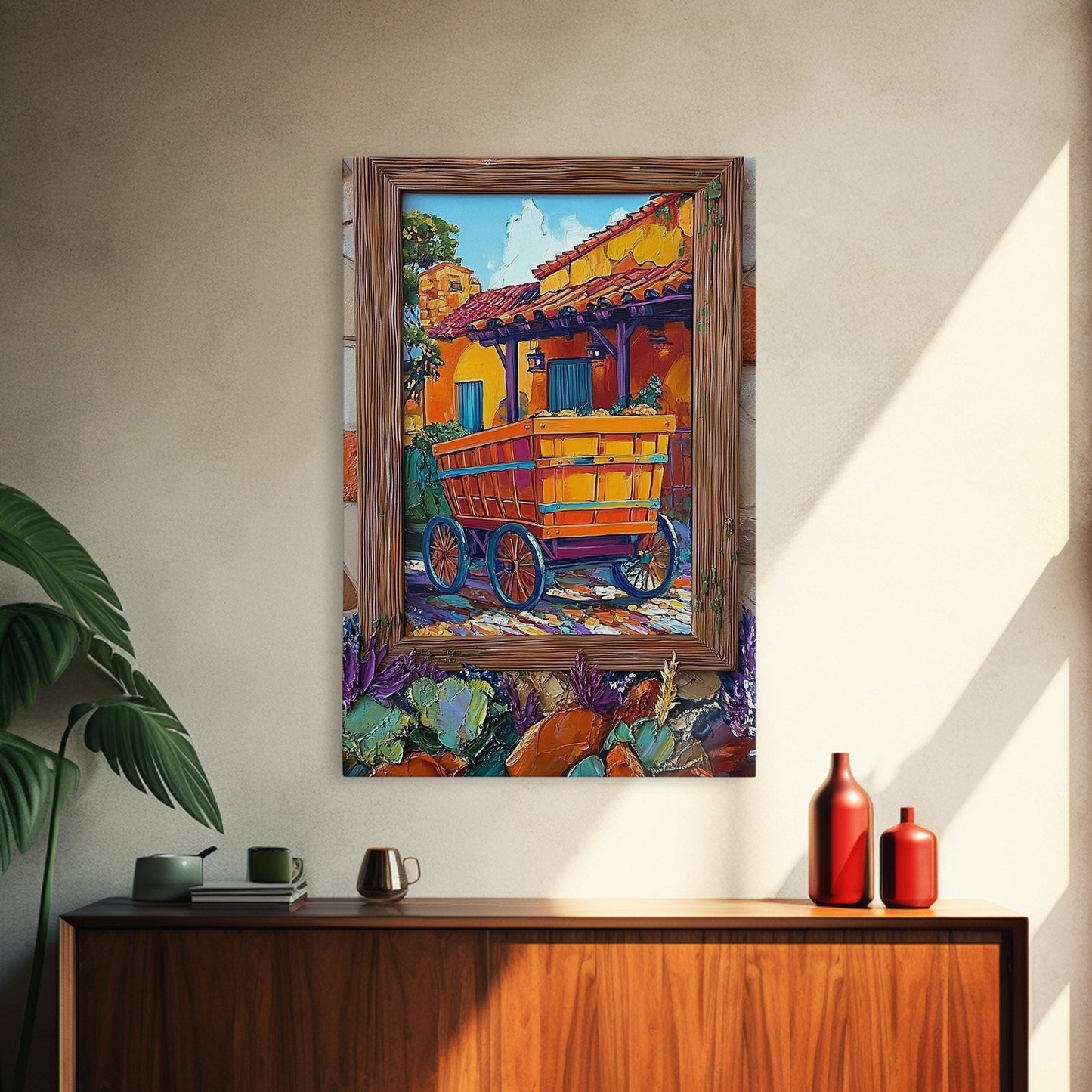 Rustic Wagon, Village, Colorful House Framed Canvas Print, Southwest Home Decor, Farmhouse Kitchen Wall Art, Mexican Art Style