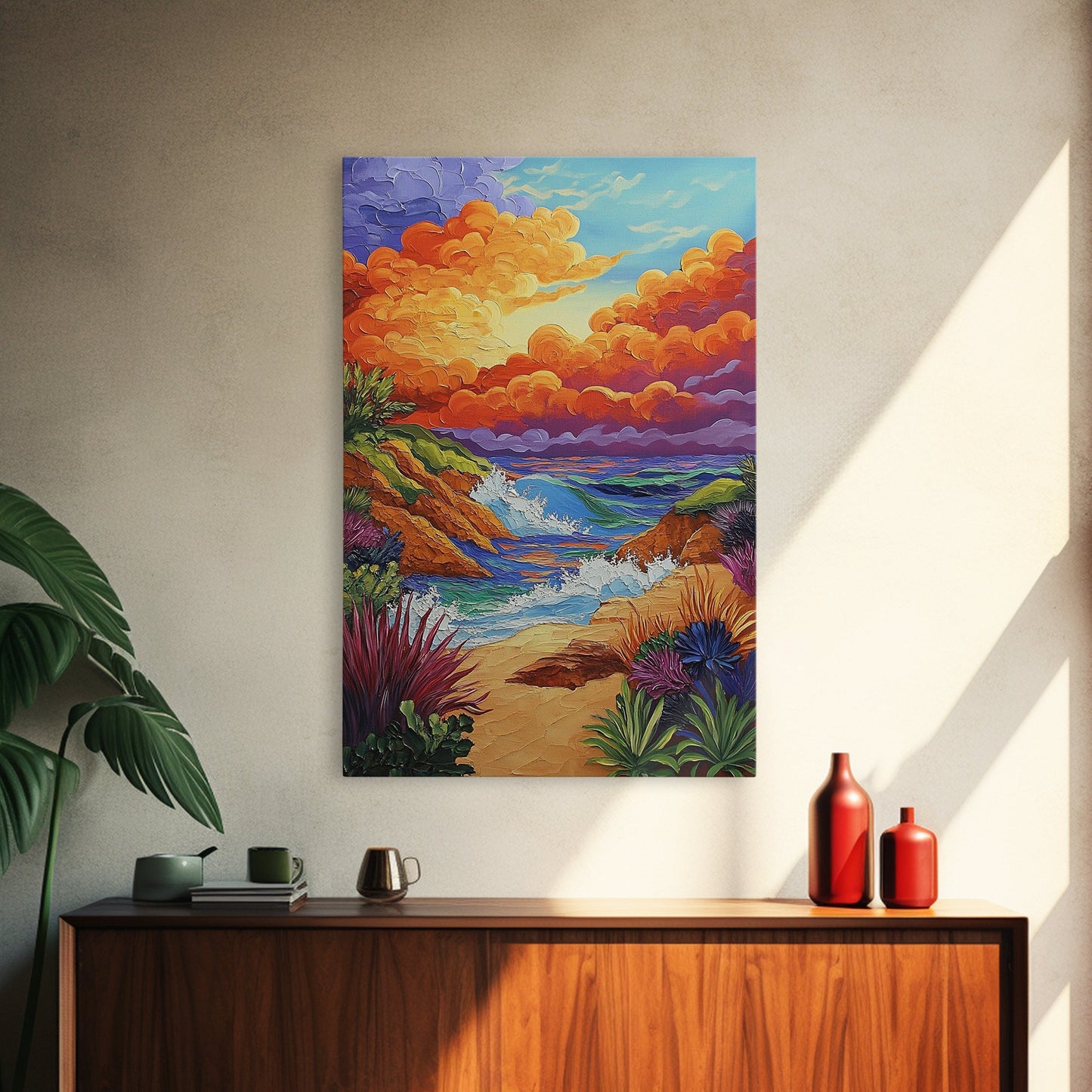 Seaside Sunset, Cliff, Dramatic Clouds Framed Canvas Print, Vibrant Ocean Wall Decor, Bathroom Beach Art, Coastal Expressionism