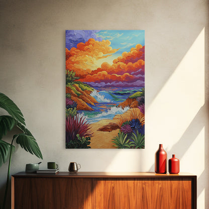 Seaside Sunset, Cliff, Dramatic Clouds Framed Canvas Print, Vibrant Ocean Wall Decor, Bathroom Beach Art, Coastal Expressionism