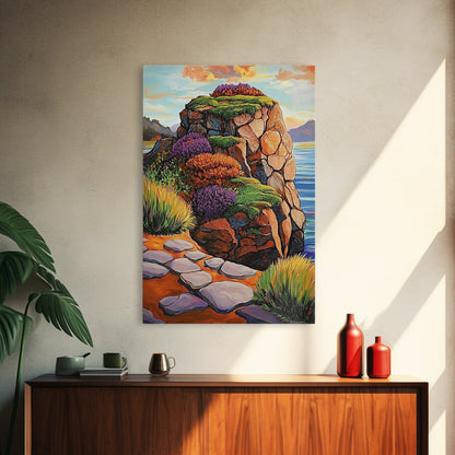 Rocky Cliff, Ocean, Wildflowers Canvas Print, Vibrant Coastal Wall Art, Hallway Nature Scene, Colorful Landscape Painting