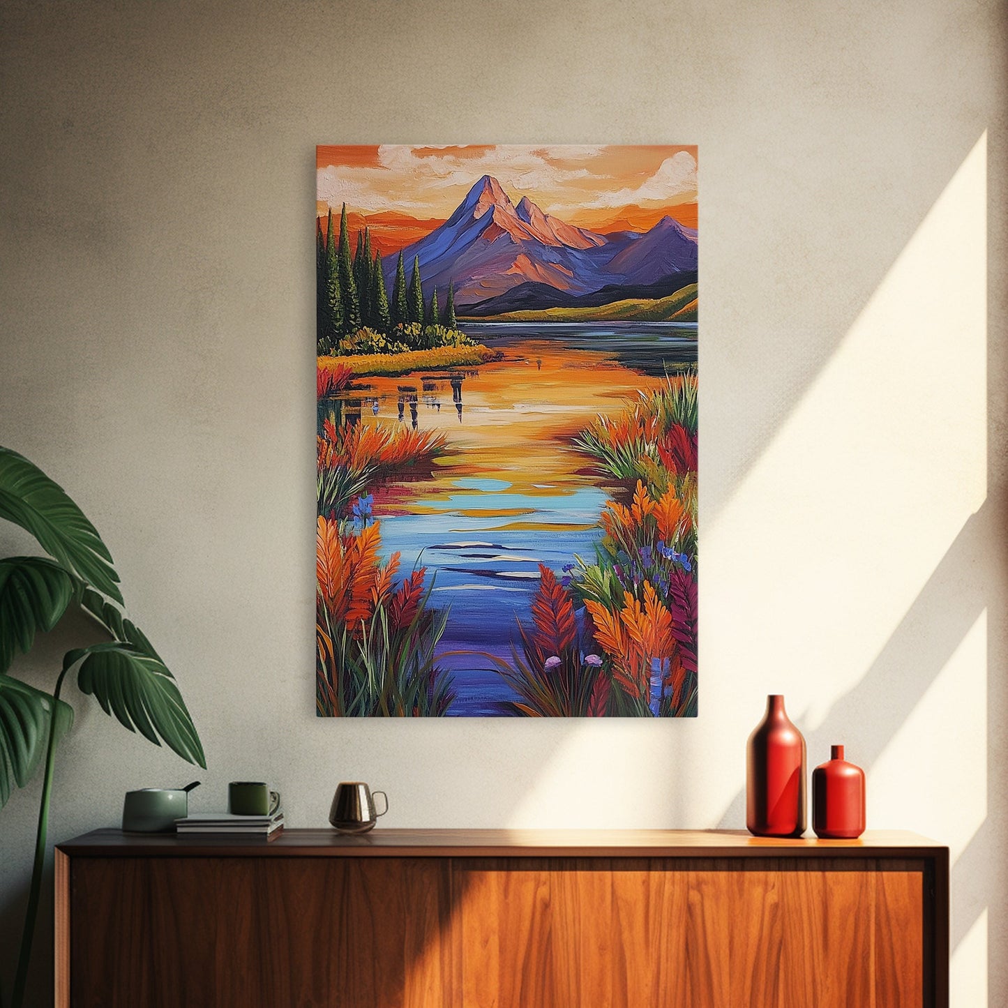 Mountain Autumn, River, Vibrant Reflection Canvas Print, Nature Wall Decor, Cabin or Lodge Living Room Art, Fall Landscape Style