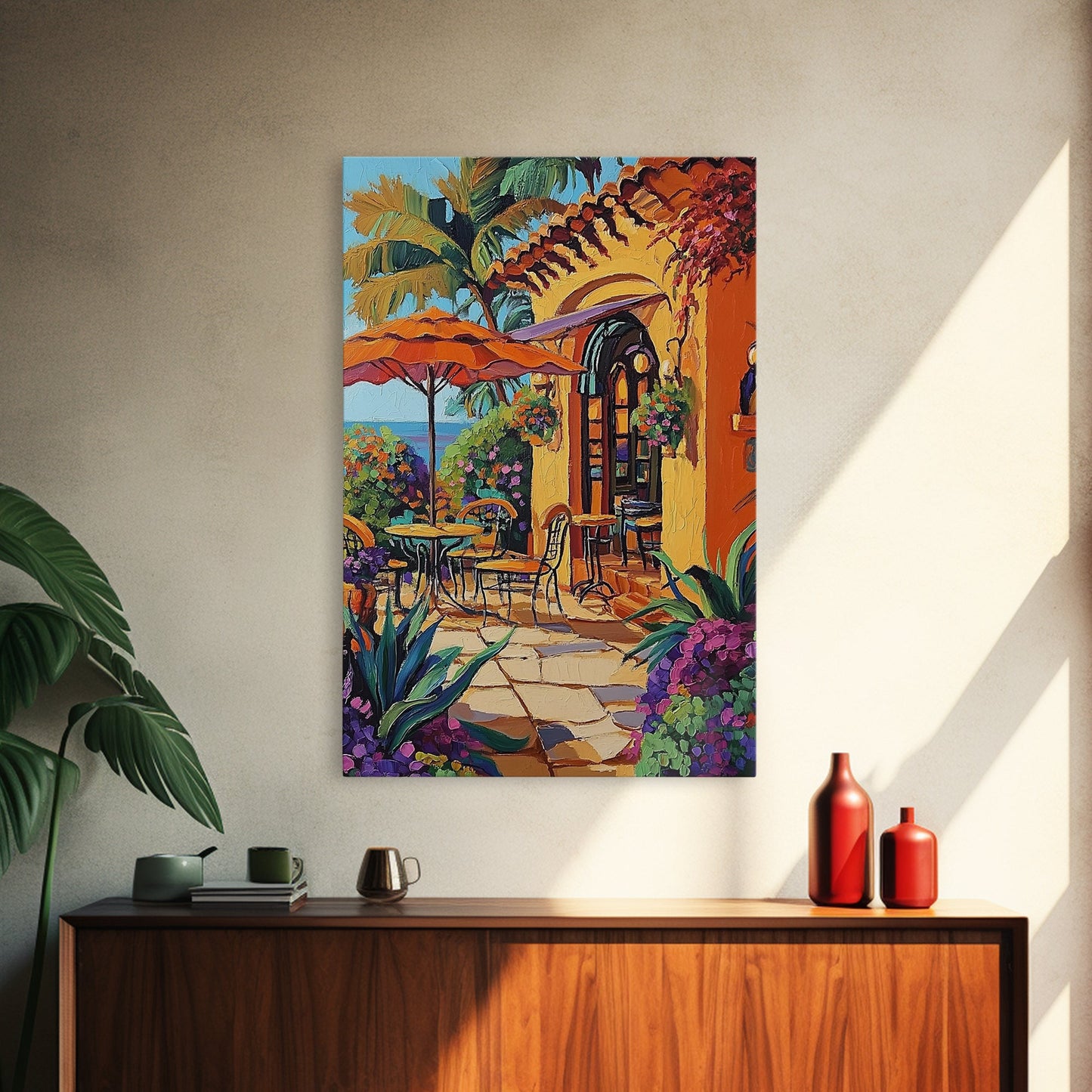 Bistro Patio, Sun, Canvas Print, Mediterranean cafe painting, kitchen wall art, outdoor charm artwork, sunny terrace decor, cozy nook print