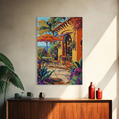 Bistro Patio, Sun, Canvas Print, Mediterranean cafe painting, kitchen wall art, outdoor charm artwork, sunny terrace decor, cozy nook print
