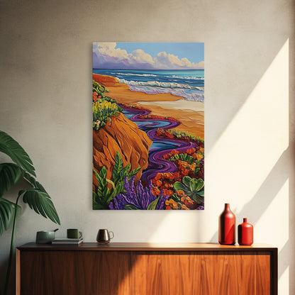 Ocean Cliffside, Floral, Seascape, Framed Canvas Print, Coastal Nature Wall Art, Bold Botanical Beach Decor, Bathroom Accent Piece