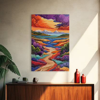 Mountains River, Clouds, Autumn, Framed Canvas Print, Bold Fall Landscape Art, Cozy Cabin Decor, Nature Lover Living Room Accent