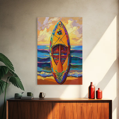 Yellow Surfboard Art, Vibrant Paddle Print, Colorful Beach Decor, Coastal Ocean Wall, Framed Canvas Print, Bathroom Wall Art, tropical art