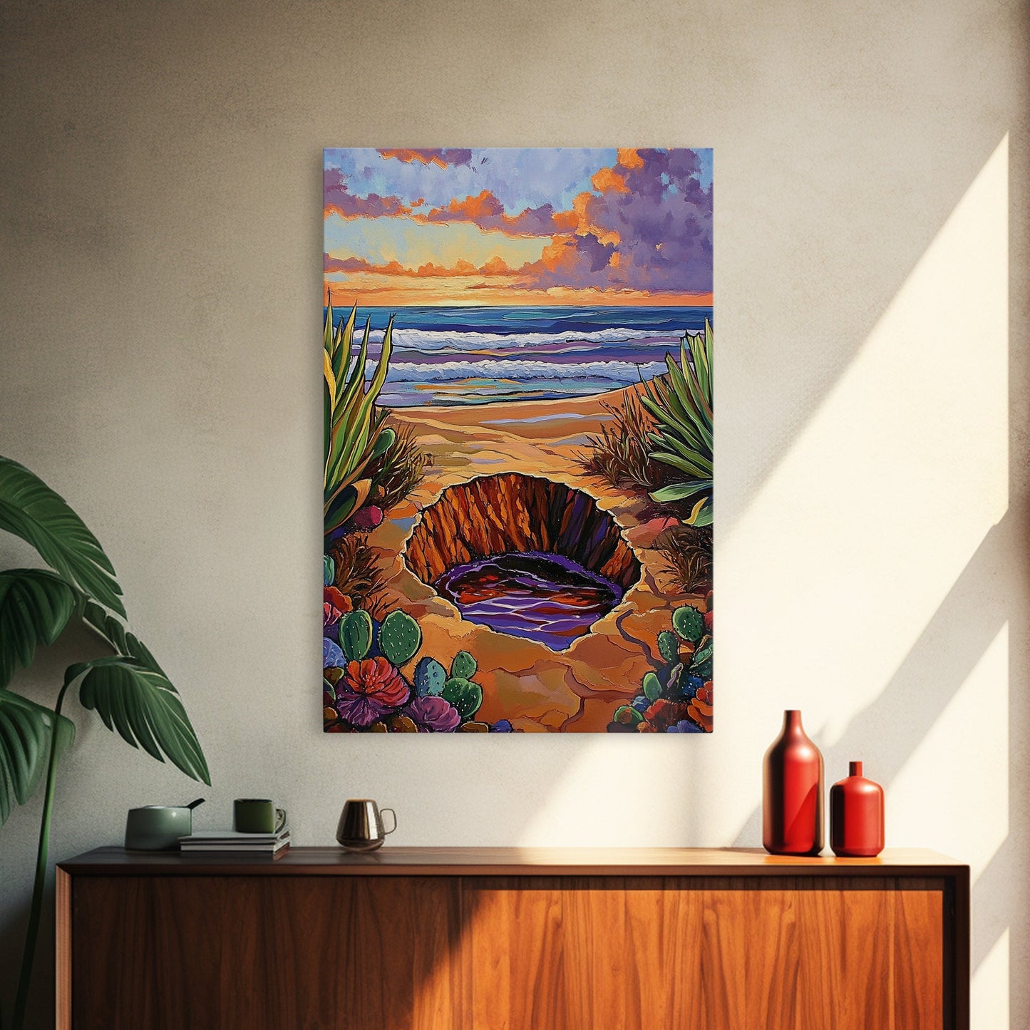 Desert Coast, Sunset Beach, Nature Hole, Surreal Art, Framed Canvas Print, Bedroom Wall Art, trippy boho decor, colorful landscape
