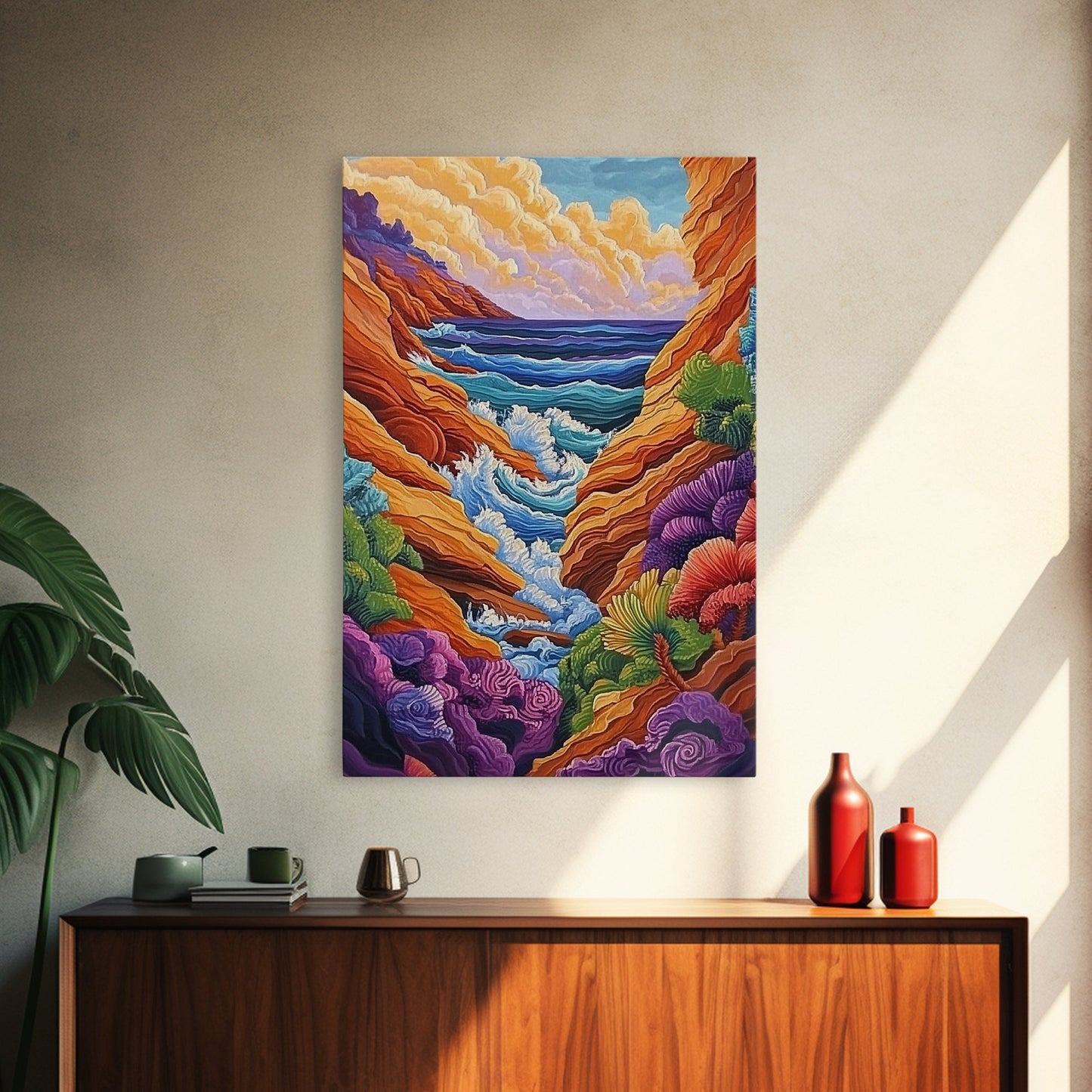 Wild Coast, Ocean Energy, Bold Waves, Colorful Rocks, Canvas Print, Eclectic Wall Art, Coastal Retreat Decor, Psychedelic Ocean Art