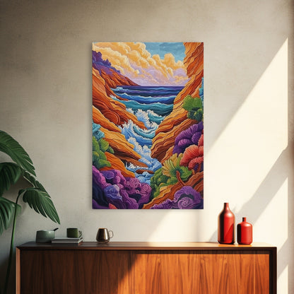 Wild Coast, Ocean Energy, Bold Waves, Colorful Rocks, Canvas Print, Eclectic Wall Art, Coastal Retreat Decor, Psychedelic Ocean Art